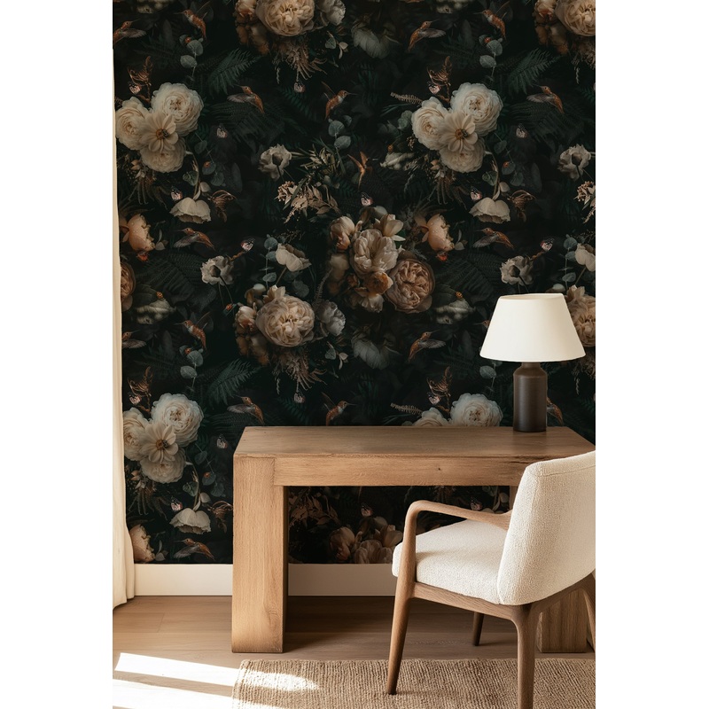 Dark Background Cream Floral Wallpaper