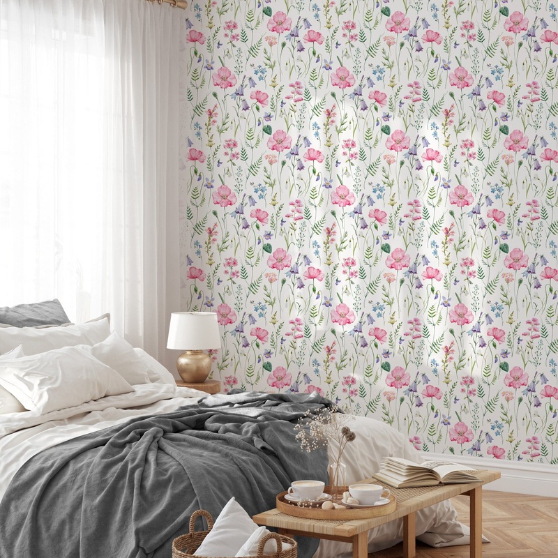 Pink Poppy Snowdrop Flowers Wallpaper Peel and Stick
