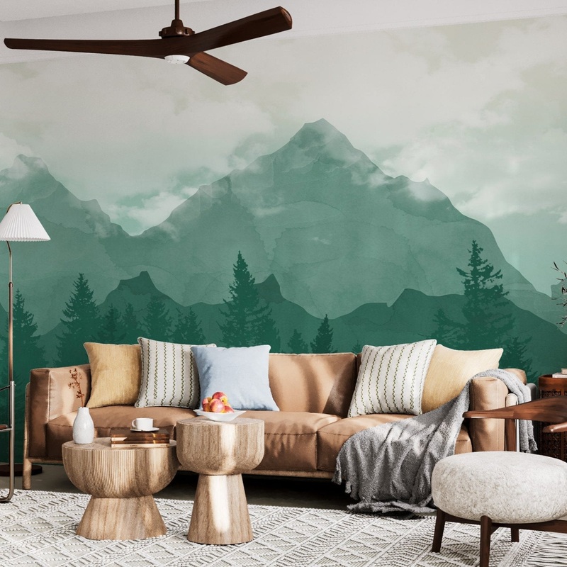 Serene Mountain Forest Wallpaper  Tranquil Green Landscape Mural