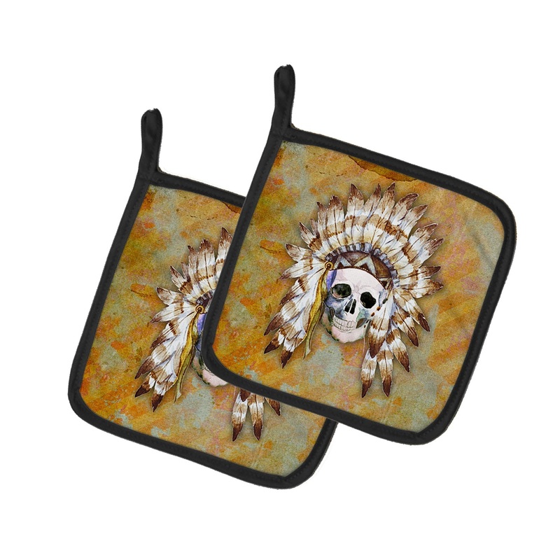 Day of the Dead Indian Skull Pot Holders - Set of 2 - Heat-Resistant Kitchen Essentials BB5121PTHD